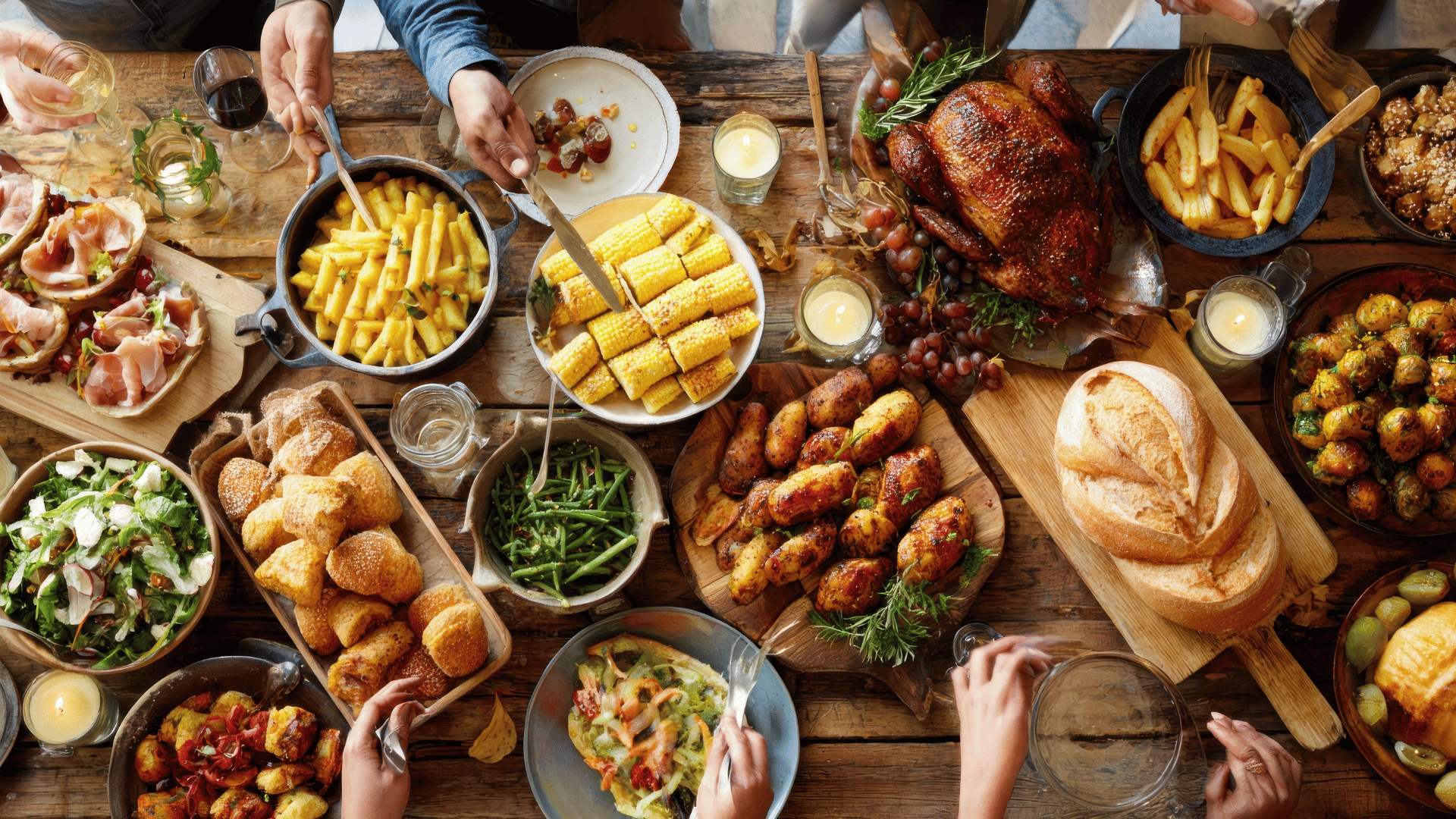 Thanksgiving table filled with stuffing, mashed potatoes, cranberry sauce, and family side dishes preserved with Mealmento