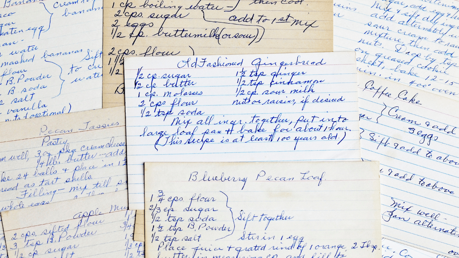 Faded handwritten recipe cards with flour and stains Mealmento